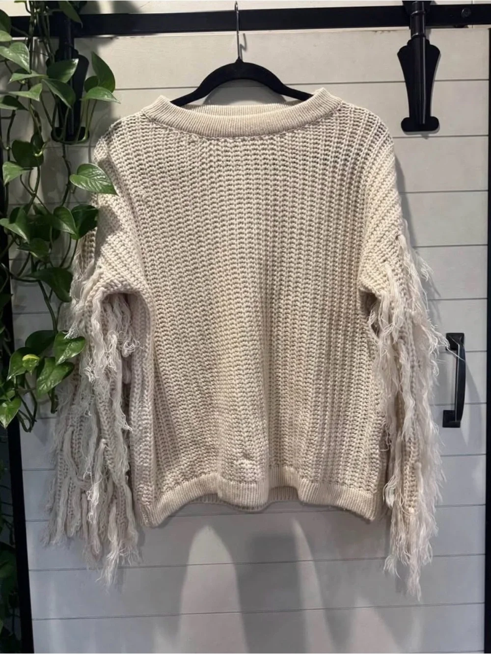 Fate Cream Fringe-Sleeve Chunky Knit Crewneck Sweater